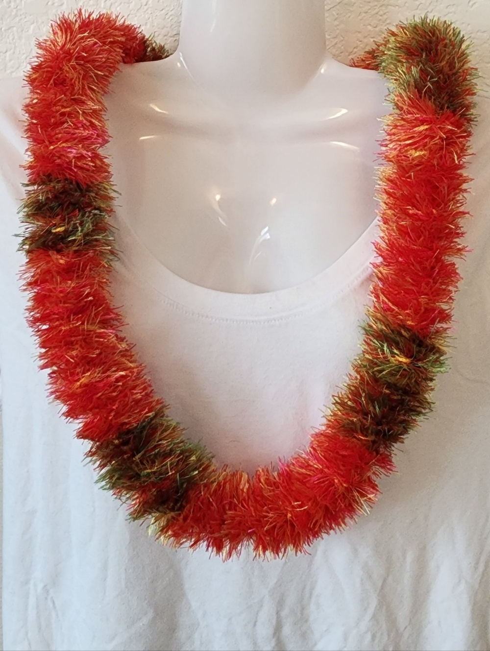 Tripple Braided Thick Fluffy Soft Eyelash Yarn  Lei  in Vibrant Orange & Green